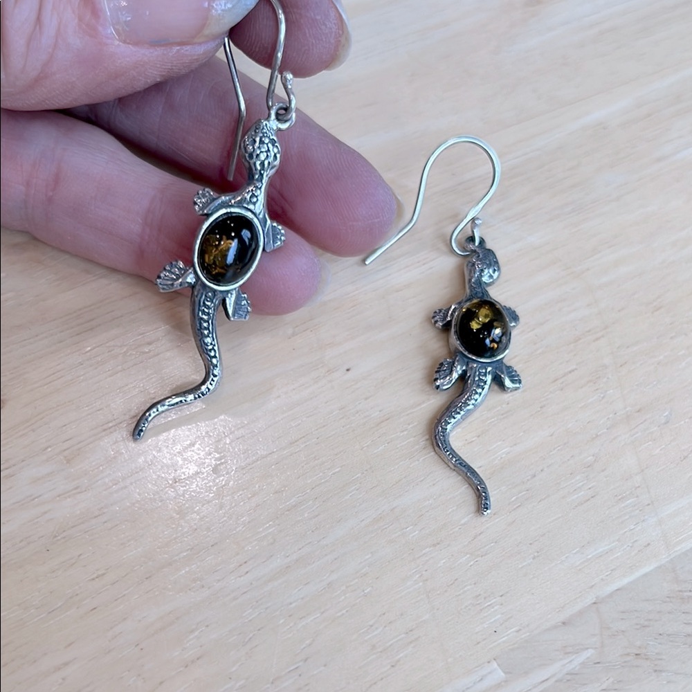 Cognac / Brown BALTIC AMBER Gekko / Lizard Earrings